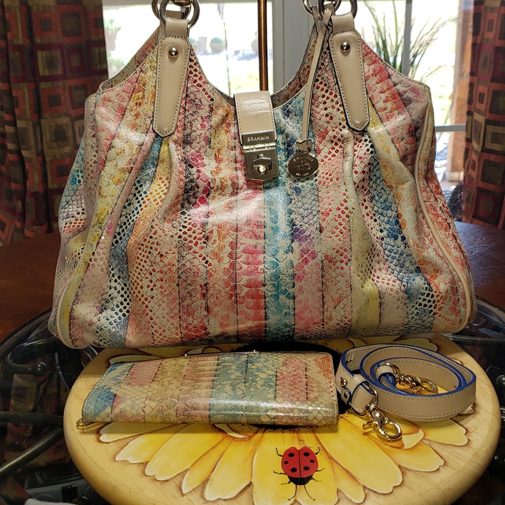 💘2PC BRAHMIN ELISA DOVE CORONADO CROC-EMBOSSED PLEATED LEATHER BAG-WALLET SET - Picture 5 of 14